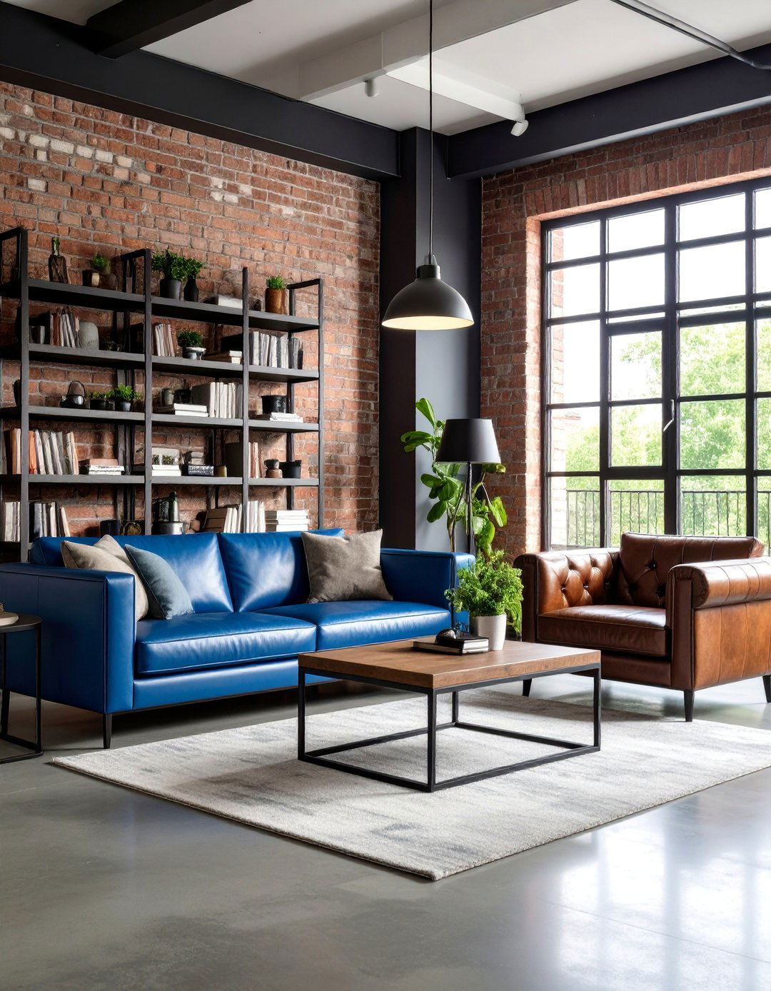 Industrial Loft Black Brick with Steel Blue Metal Accents - 25 Black and Blue Living Room Ideas