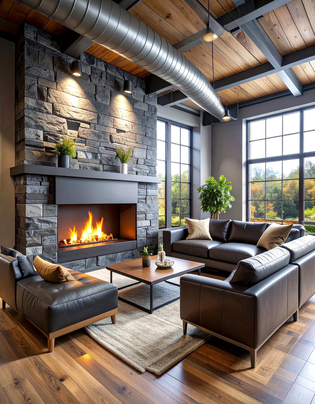 Industrial Loft Faux Stone Feature with Steel Mantel Shelf - 25 Faux Stone Fireplace Ideas