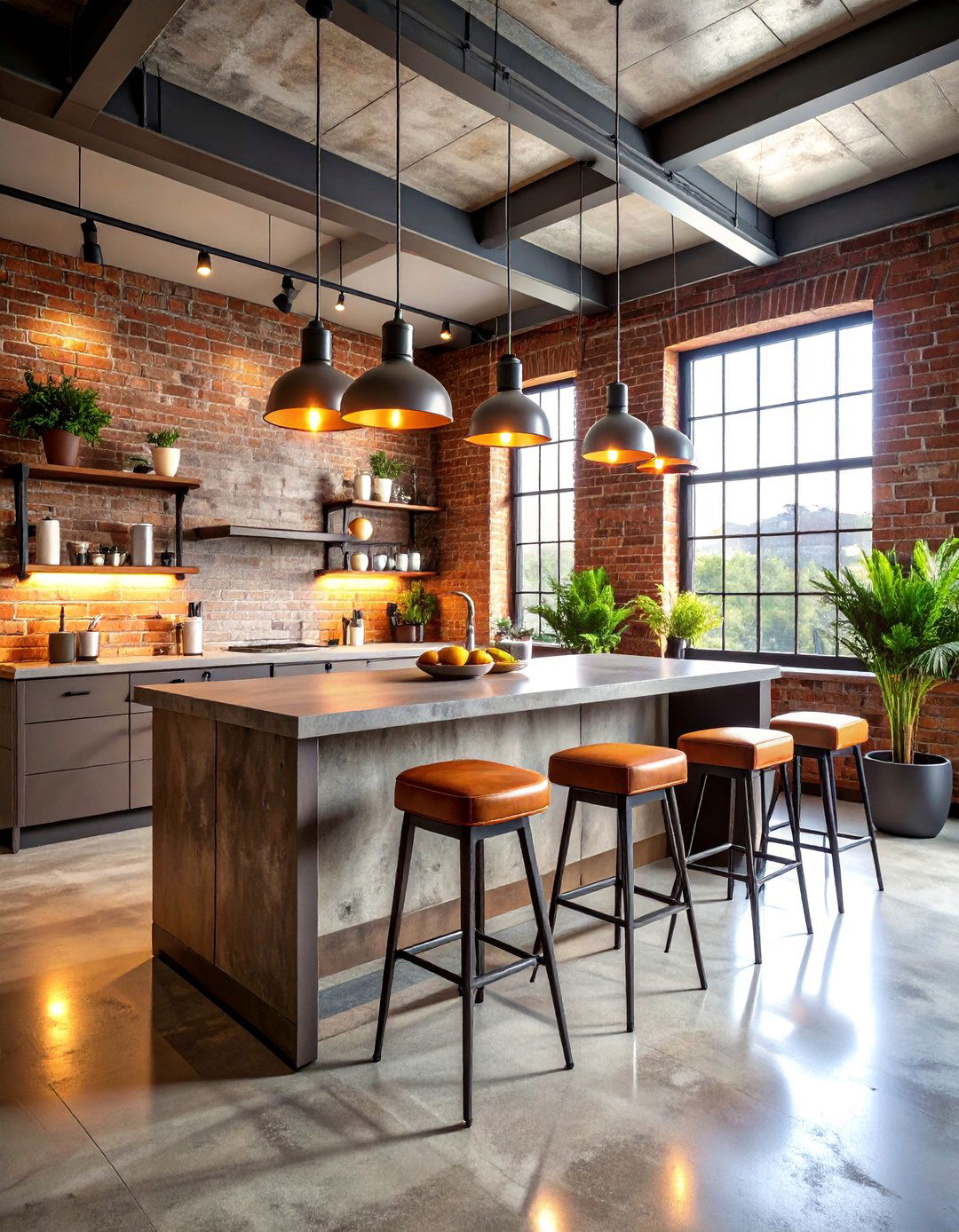 Industrial Loft Kitchen with Exposed Brick and Metal Seating - 25 Eat in Kitchen Ideas