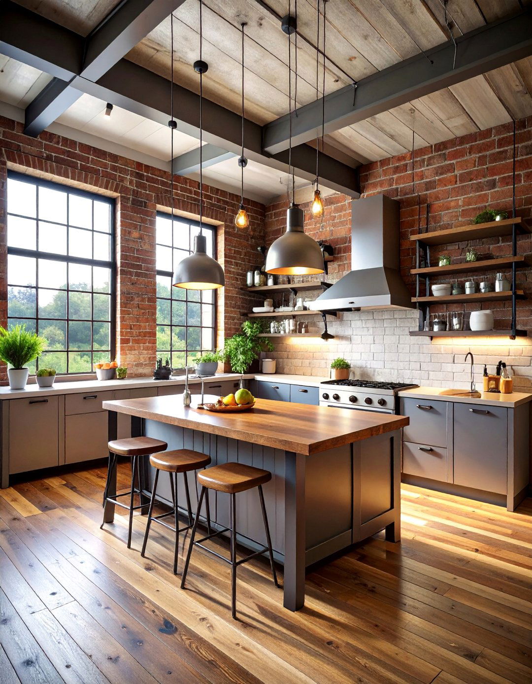 Industrial Loft Kitchen with Metal Pipe Shelving - 25 Kitchens Without Upper Cabinets