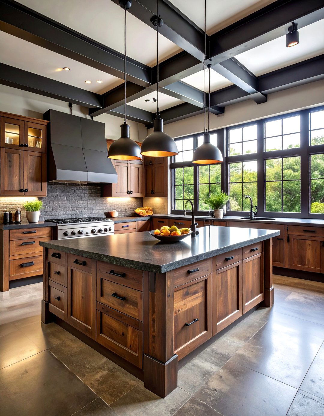 Industrial Loft Kitchen with Raw Steel Accents - 25 kitchen with brown cabinets and black countertops ideas