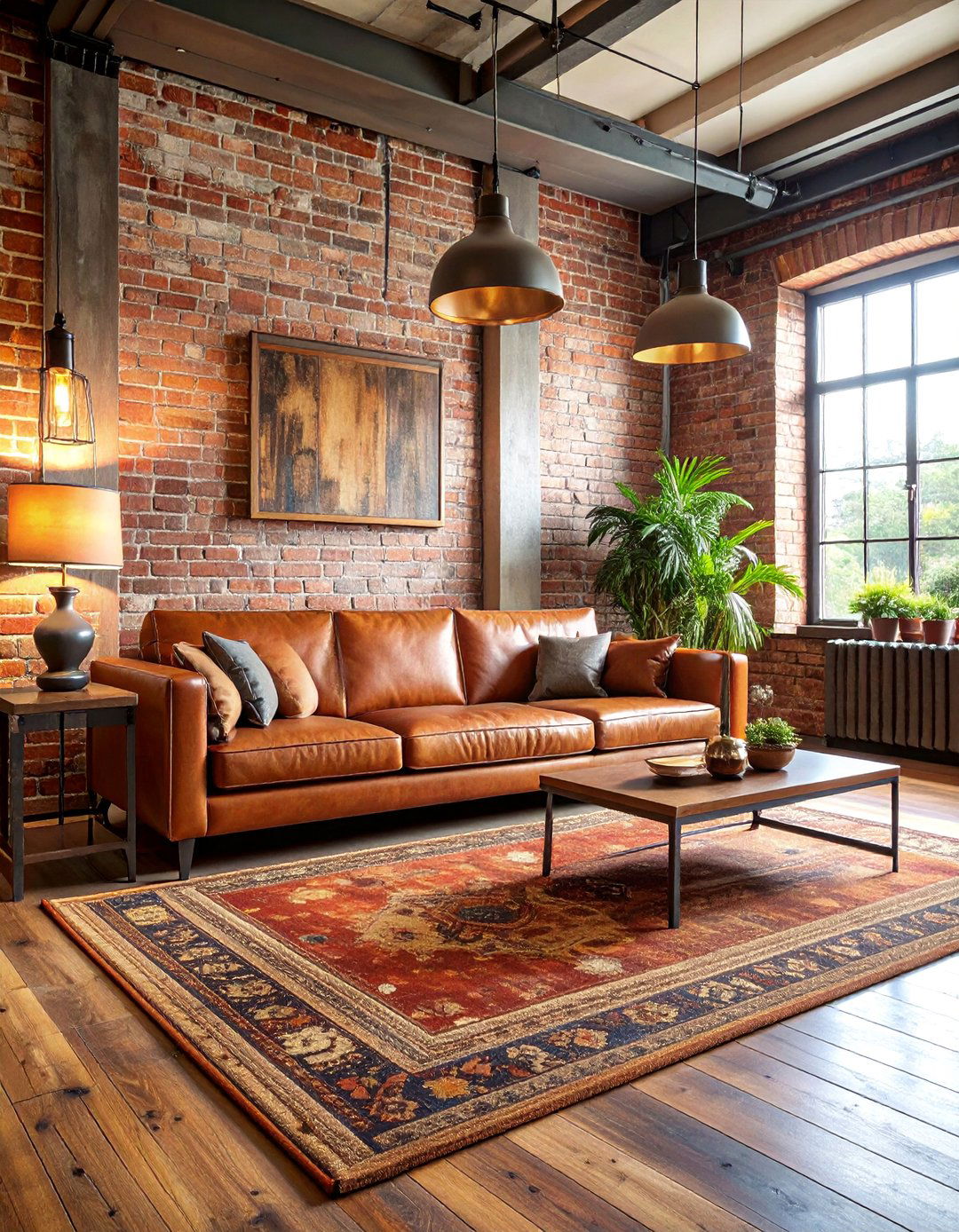 Industrial Loft Living Room with Distressed Leather Rug - 25 Living Room Rug Ideas
