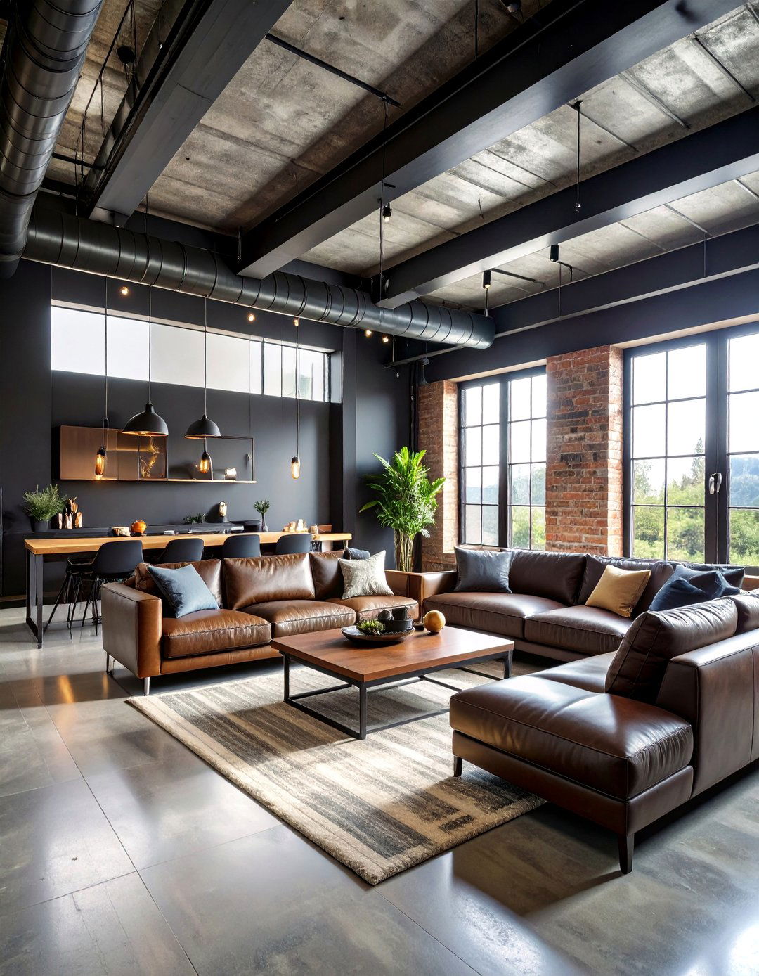 Industrial Loft Living Room with Exposed Black Ceiling - 25 Black Ceiling Design Ideas