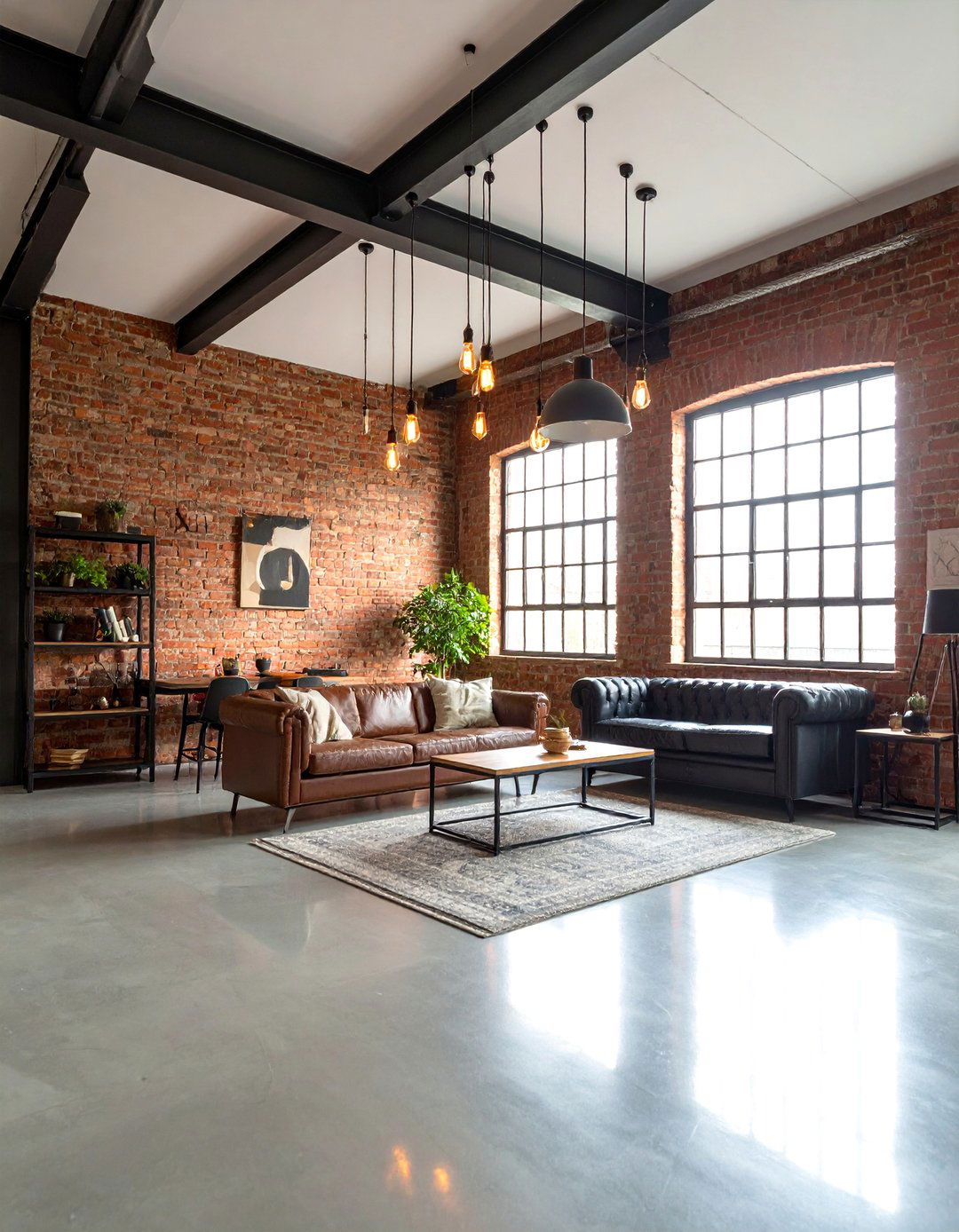 Industrial Loft Living Room with Exposed Brick Walls - 25 Aesthetic Living Room Ideas