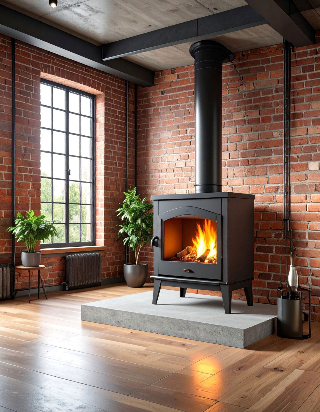 Industrial Loft Log Burner with Exposed Flue - 25 Log Burner Ideas