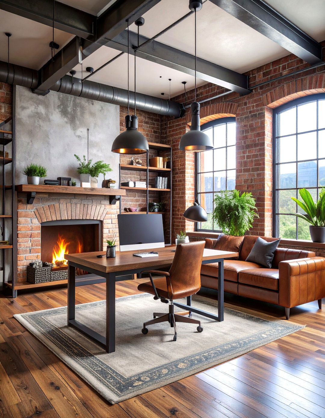 Industrial Loft Office with Exposed Brick Fireplace - 25 Home Office With Fireplace Ideas