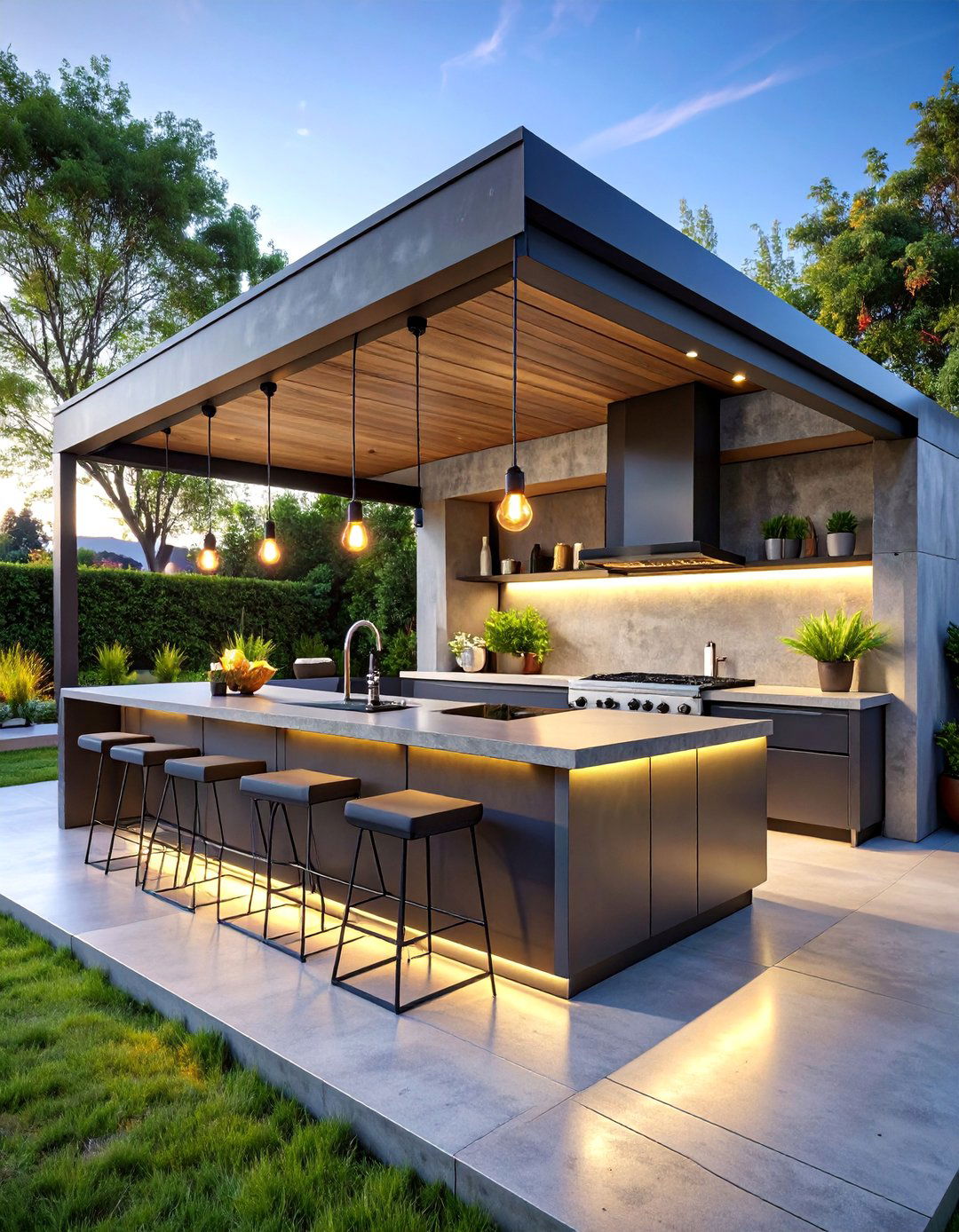Industrial Loft Style Concrete and Steel Kitchen - 25 L Shaped Outdoor Kitchen Ideas