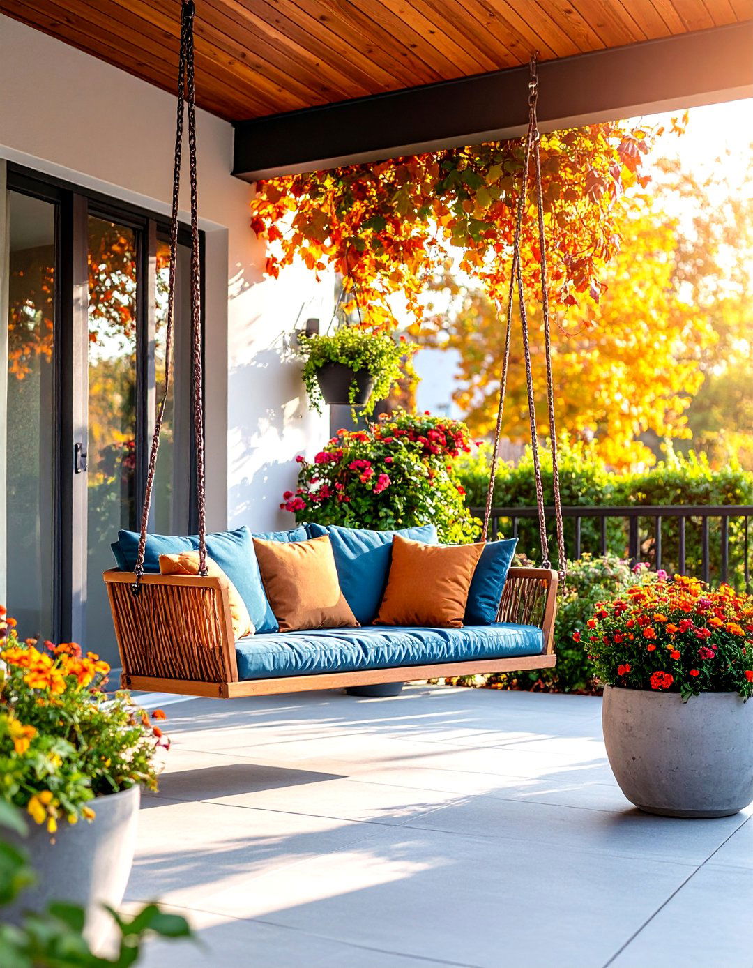 Industrial Loft Style Front Porch Swing with Steel Cables - 25 Front Porch Swing Ideas