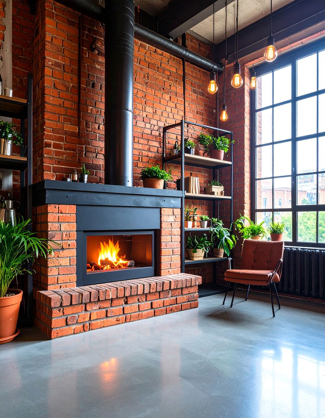 Industrial Loft Style with Exposed Brick and Steel Accents - 25 Faux Fireplace Ideas