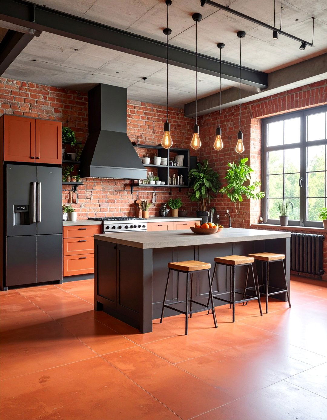 Industrial Loft Terracotta Kitchen Floor with Exposed Concrete Walls - 25 Terracotta Kitchen Floor Ideas