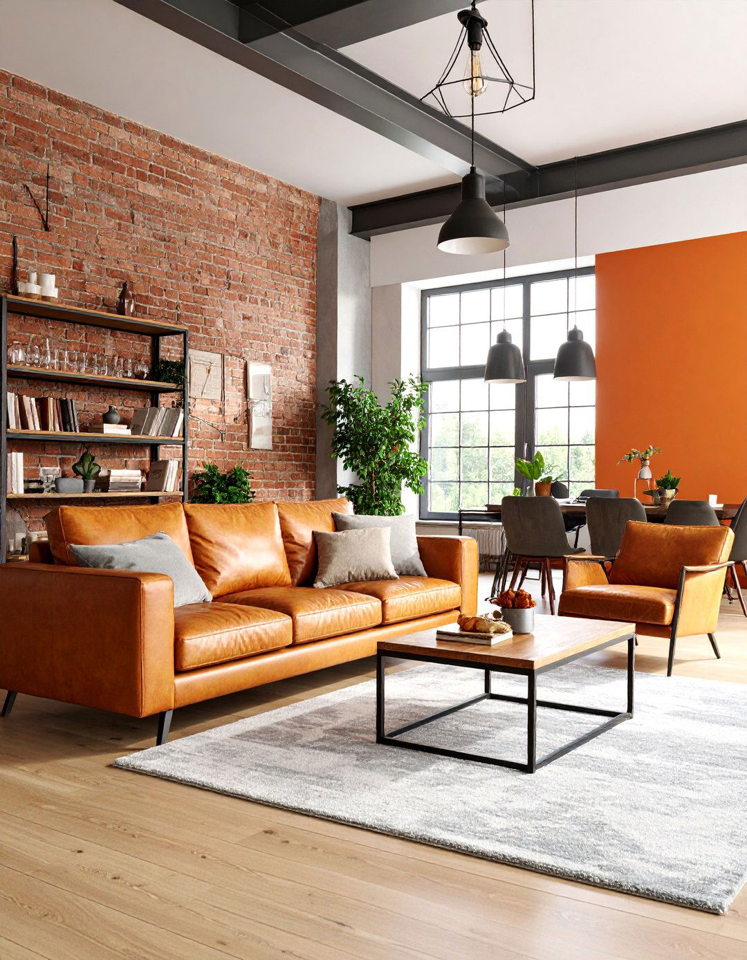 Industrial Loft with Orange Accent Wall and Grey Concrete - 25 Orange and Grey Living Room Ideas