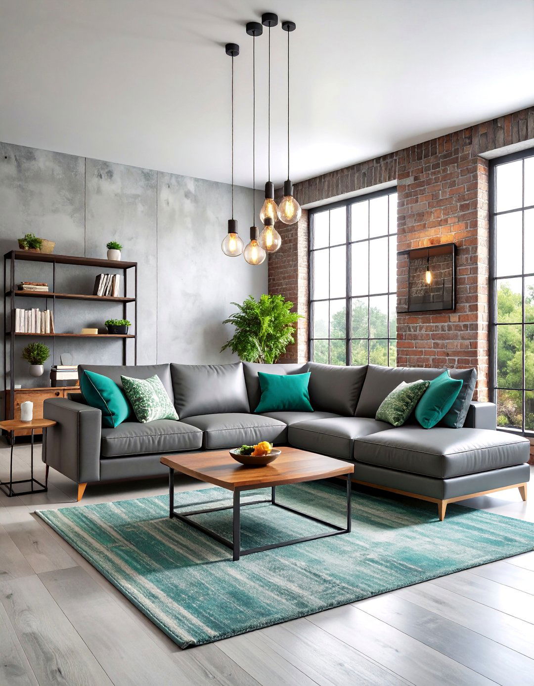 Industrial Loft with Teal Pop Colors - 25 Teal and Grey Living Room Ideas