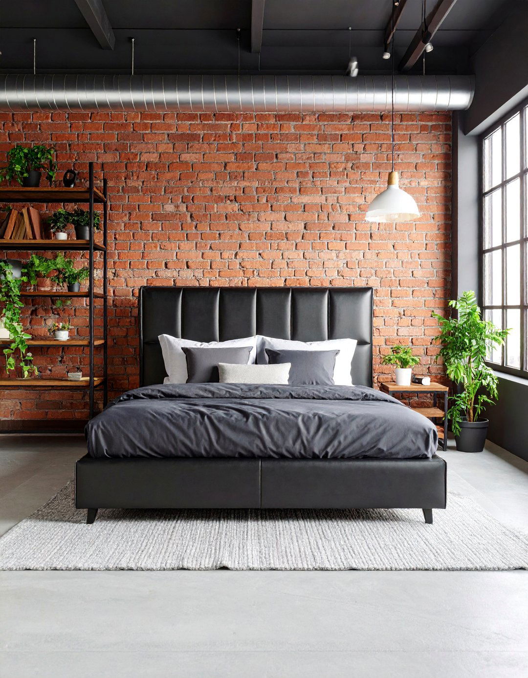 Industrial Matte Black Bedroom with Exposed Brick and Metal - 25 Matte Black Bedroom Ideas