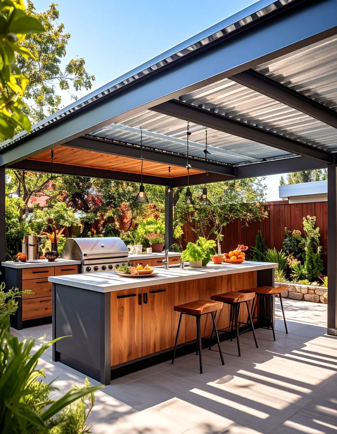 Industrial Metal Canopy with Corrugated Steel Roofing - 25 Outdoor Kitchen Roof Ideas