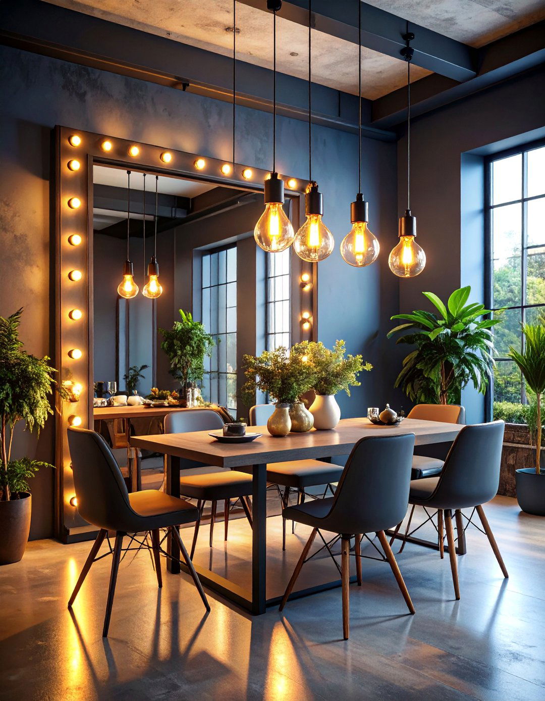 Industrial Metal Mirror with Edison Bulb Lighting - 25 Dining Room Mirror Ideas