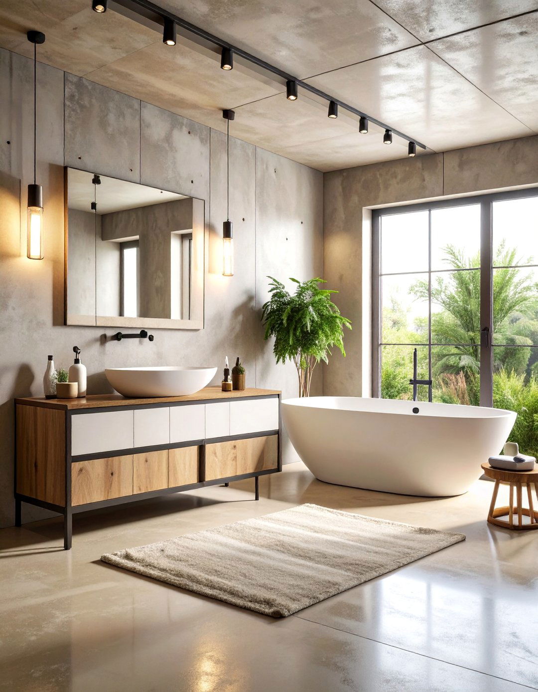 Industrial Modern Bathroom with Beige Concrete and White Metal - 25 Beige and White Bathroom Ideas
