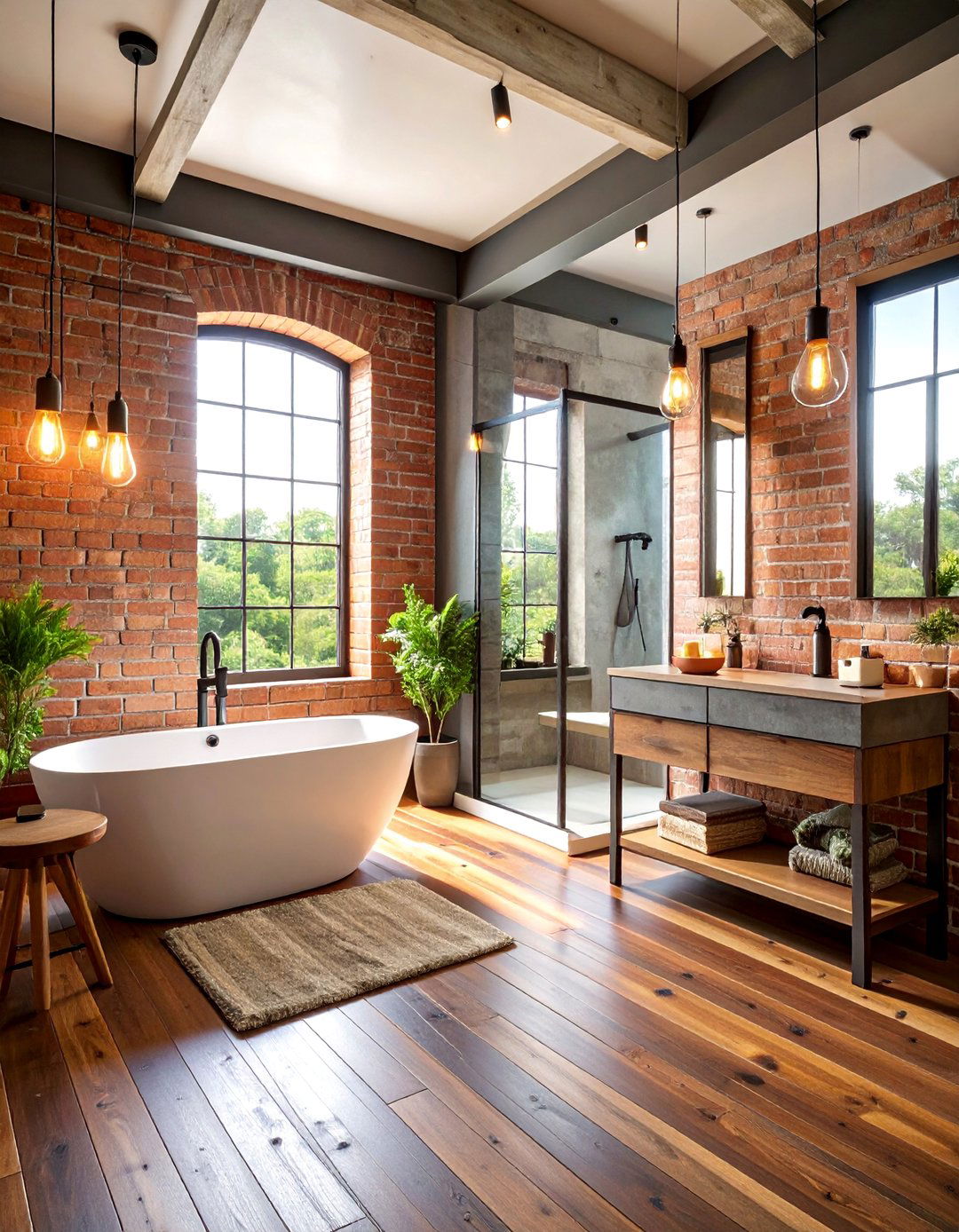 Industrial Modern Bathroom with Dark Walnut Planks - 25 Ideas for Wood Floors in Bathrooms