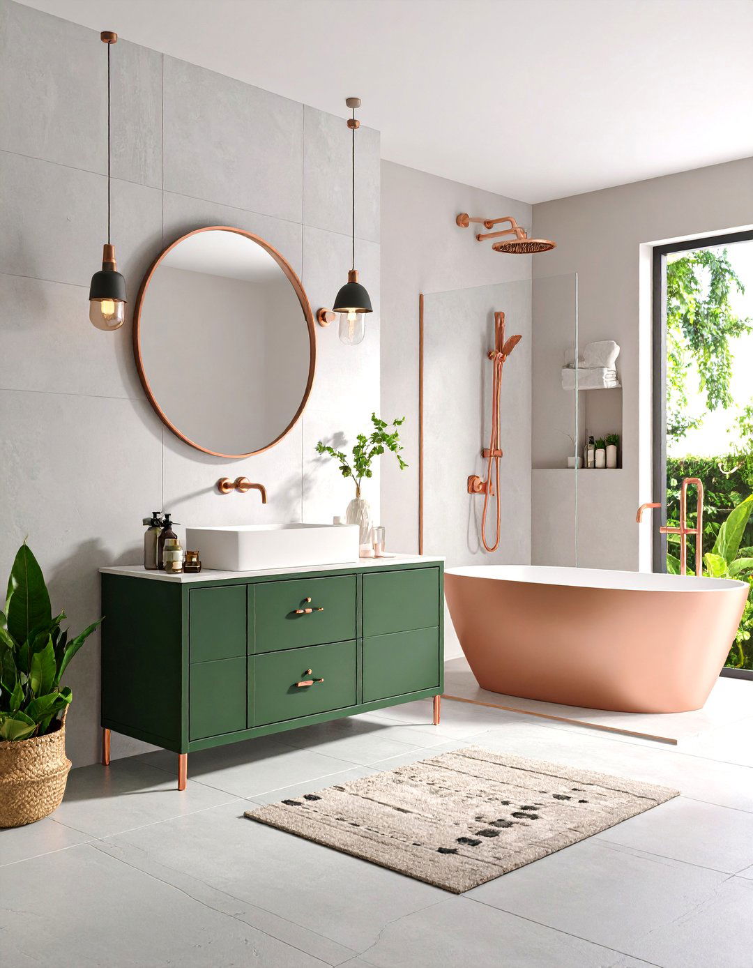 Industrial Modern Bathroom with Forest Green Steel and Rose Gold Details - 25 Pink and Green Bathroom Design Ideas