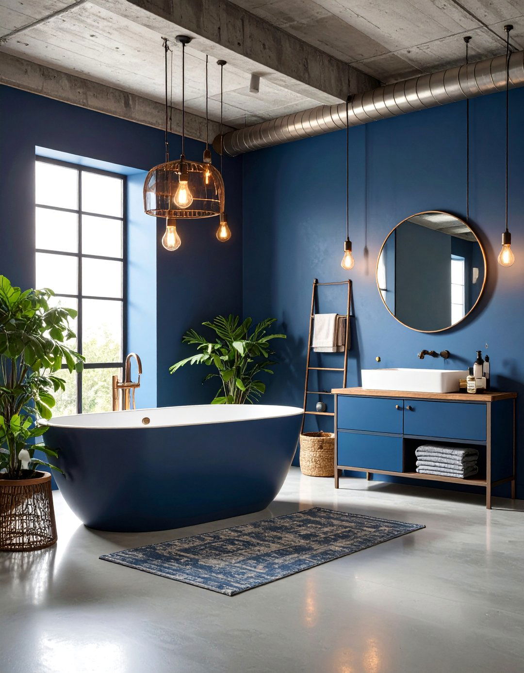 Industrial Navy Bathroom with Metal Accents - 25 Navy Blue Bathroom Ideas