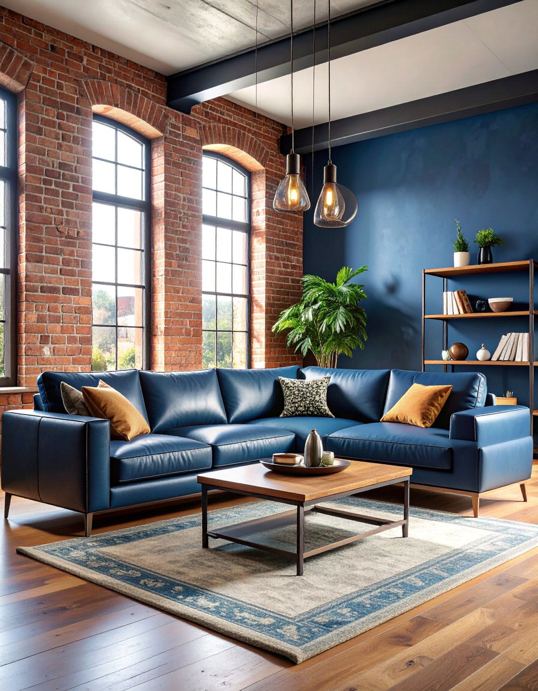Industrial Navy Living Room with Exposed Brick Elements - 25 Navy Living Room Ideas