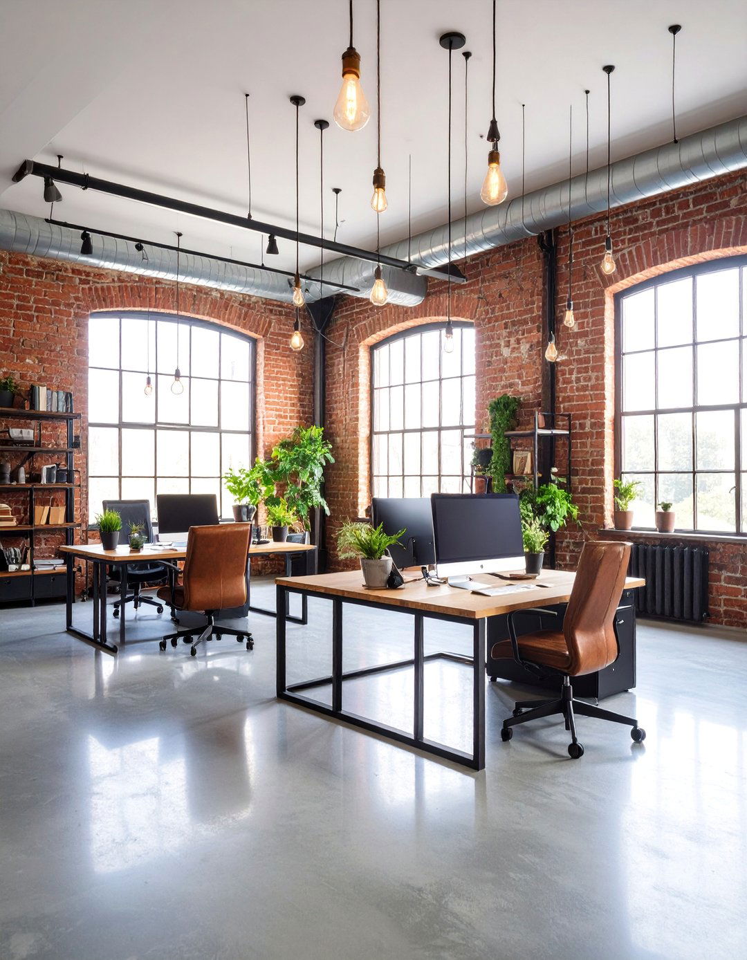Industrial Office with Exposed Brick Accent Wall - 25 Office Accent Wall Ideas