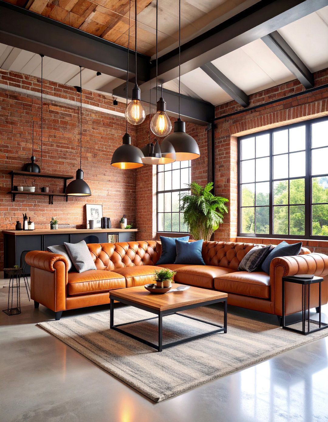 Industrial Orange Couch Living Room with Exposed Brick Walls - 25 Orange Couch Living Room Ideas