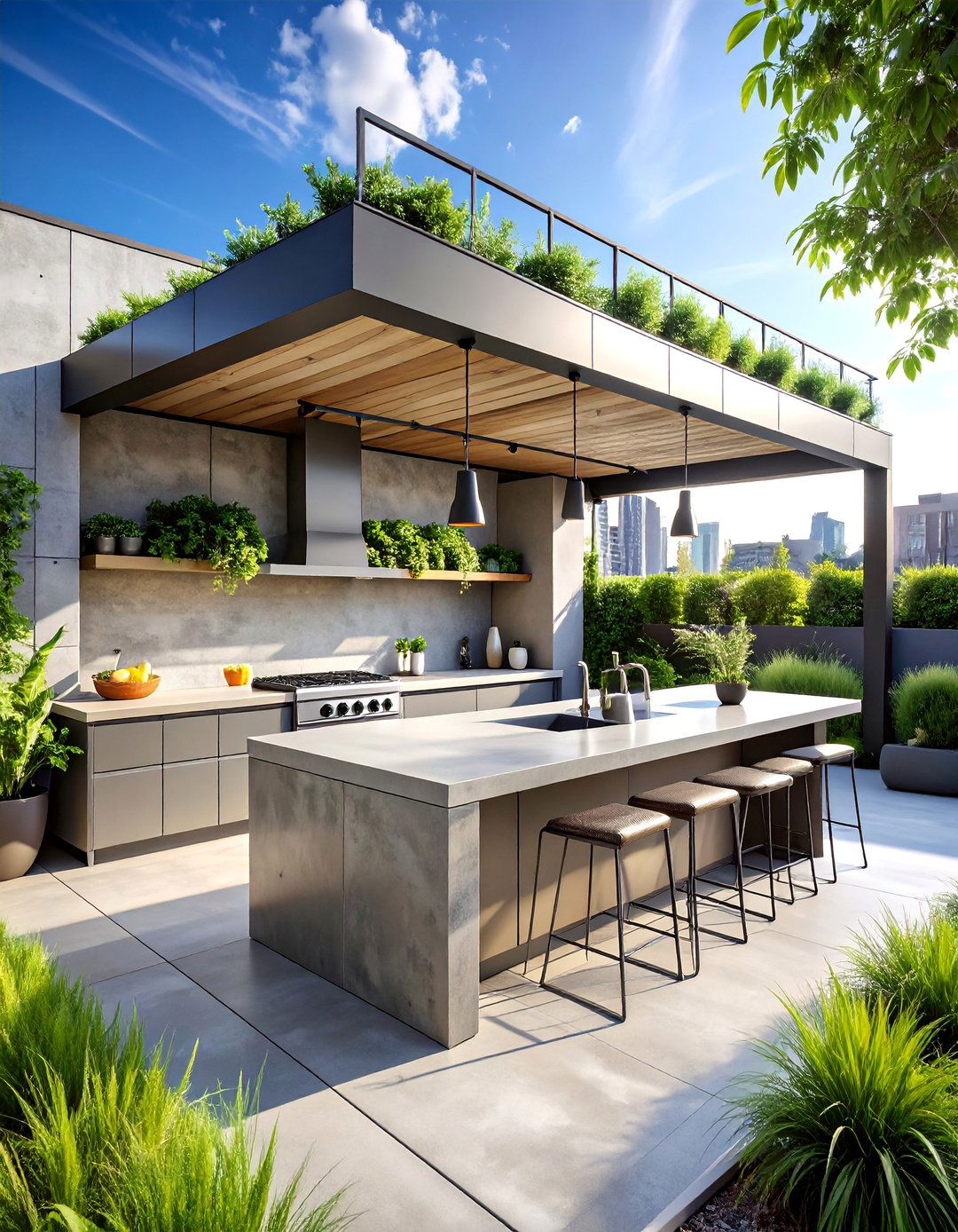 Industrial Outdoor Kitchen with Concrete and Steel Elements - 25 Outdoor Kitchen Designs