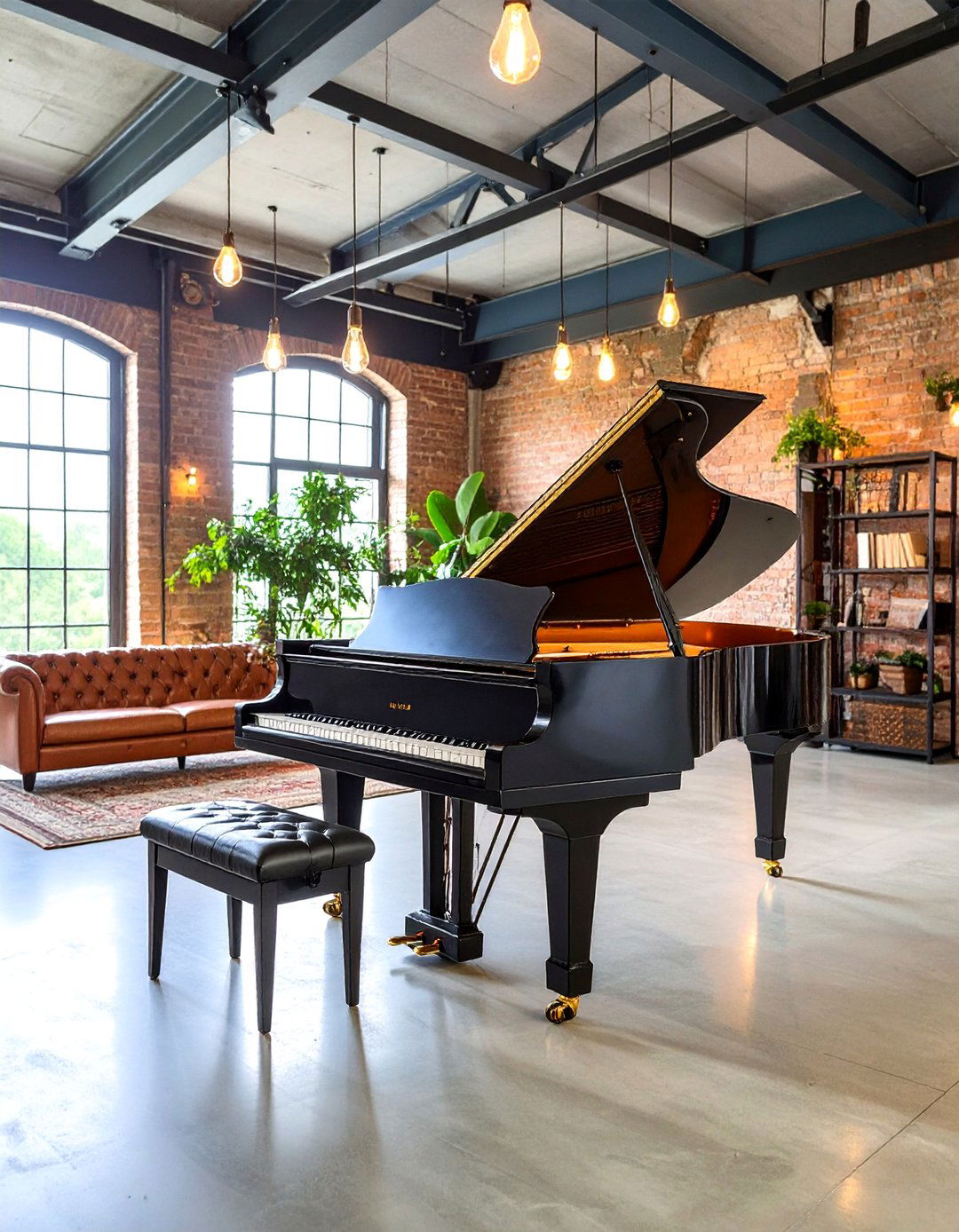 Industrial Piano Loft with Exposed Brick and Metal Accents - 25 Piano Room Ideas