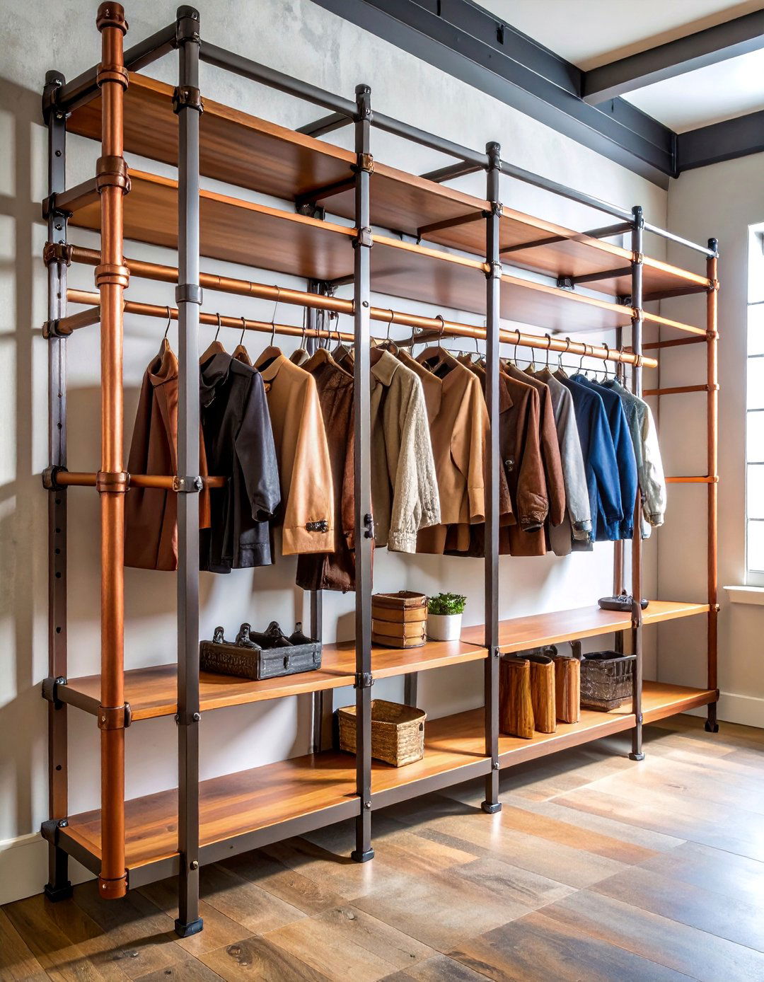Industrial Pipe Coat Closet with Copper Accents - 25 Coat Closet Ideas