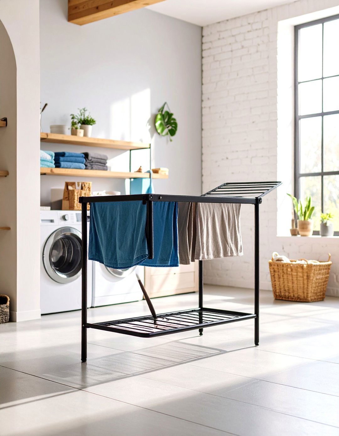 Industrial Pipe Freestanding Drying Rack with Black Iron Framework - 25 Laundry Room Drying Rack Ideas