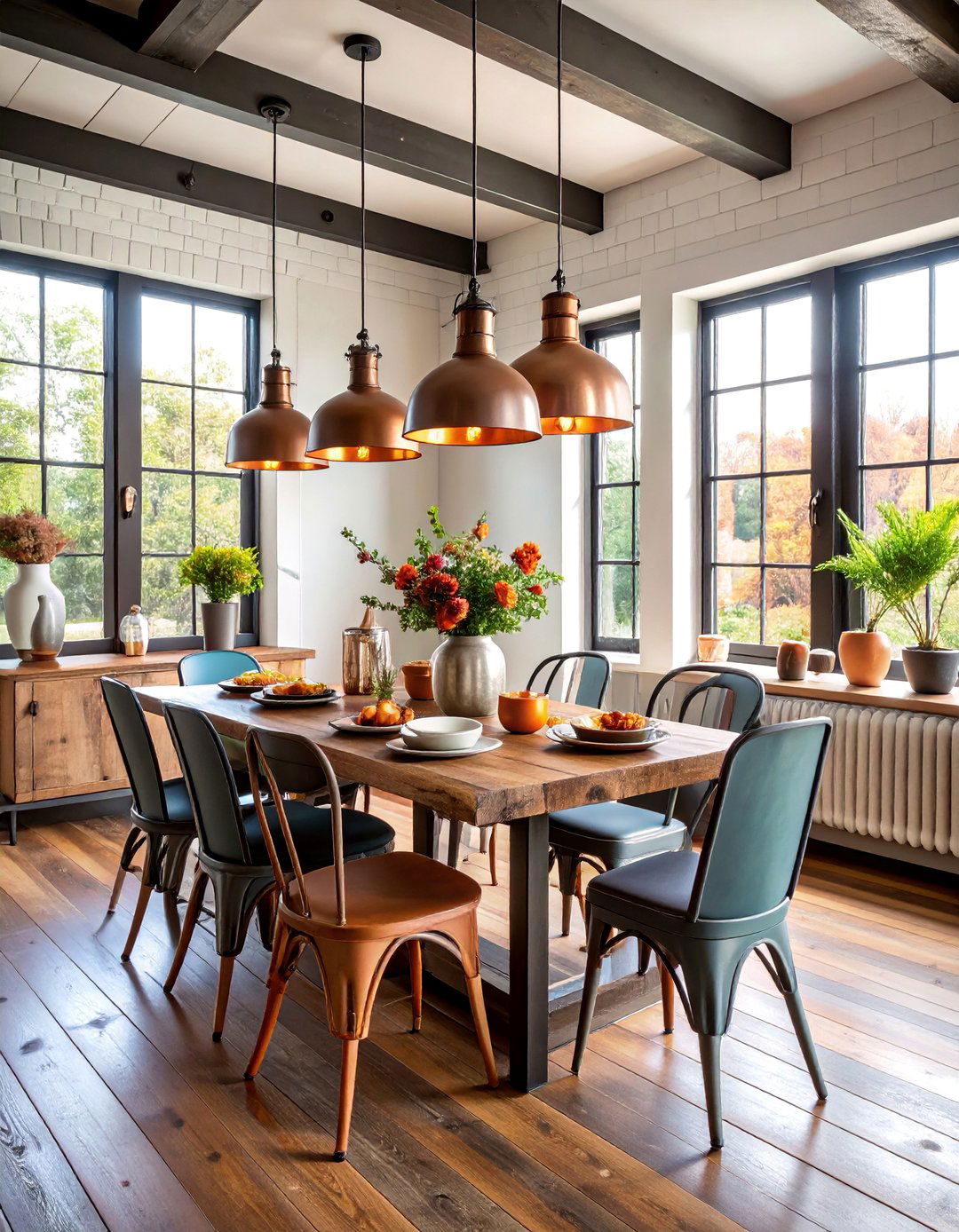 Industrial Pipe Lighting with Mixed Metal Accents - 25 Modern Farmhouse Dining Room Ideas