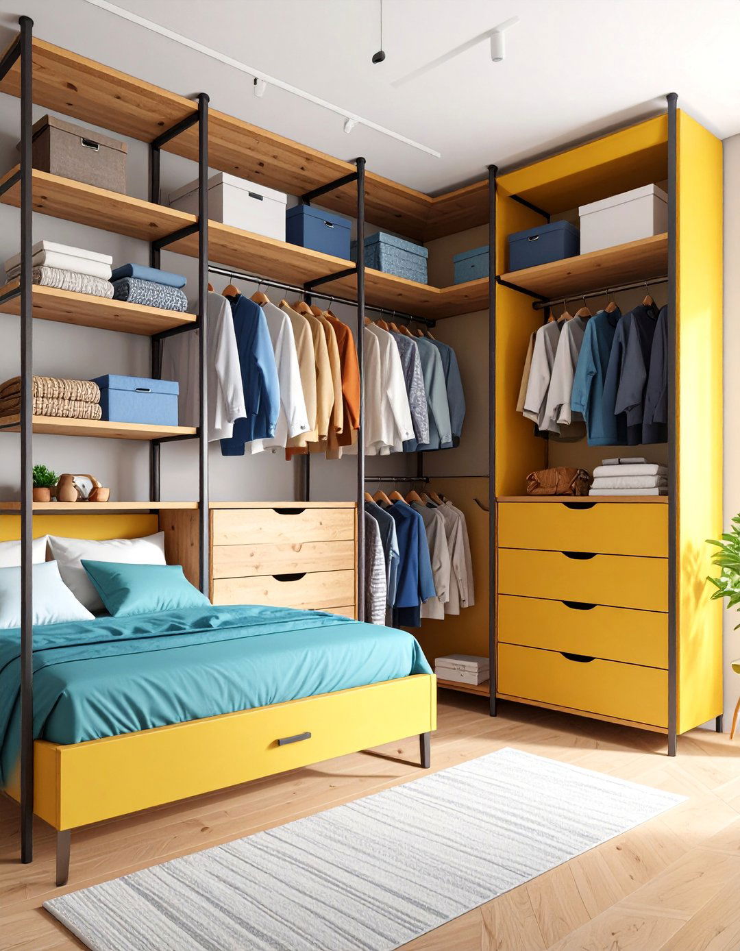 Industrial Pipe Open Closet with Floating Shelves - 25 Open Closet Ideas