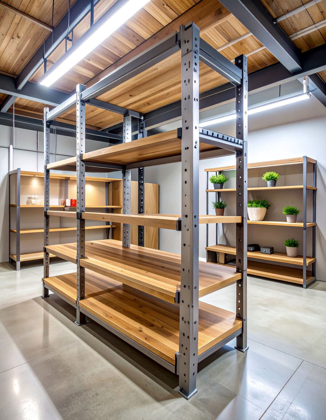 Industrial Pipe Shelving Unit with Wood Platforms - 25 Basement Furniture Ideas