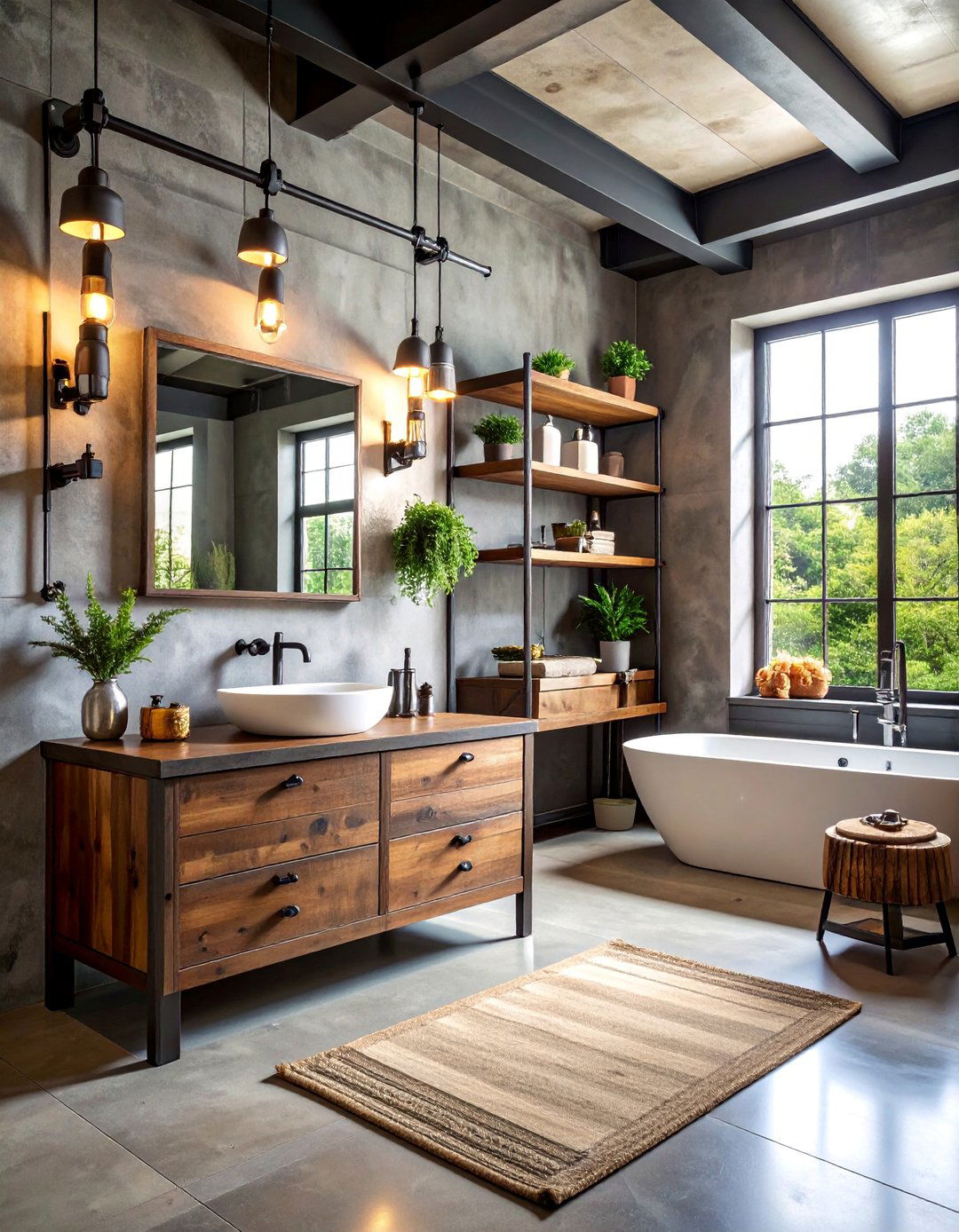 Industrial Pipe Shelving with Black Tile and Wood Vanity - 25 Black and Wood Bathroom Ideas