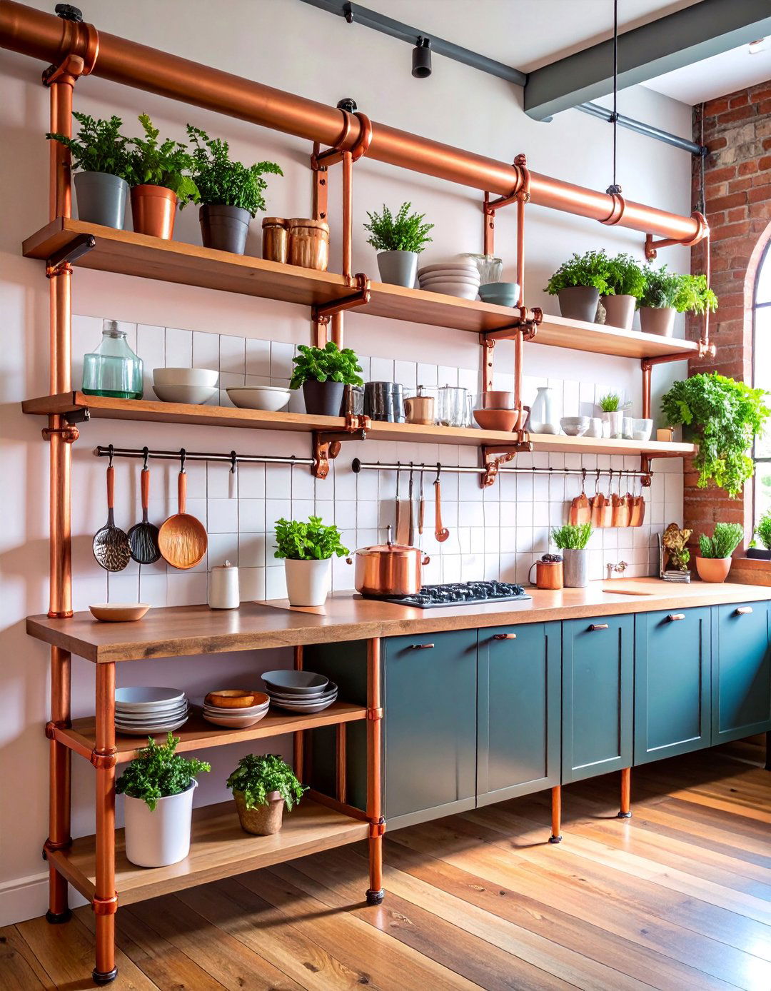 Industrial Pipe Shelving with Copper Accents - 25 Kitchen Wall Decor Ideas
