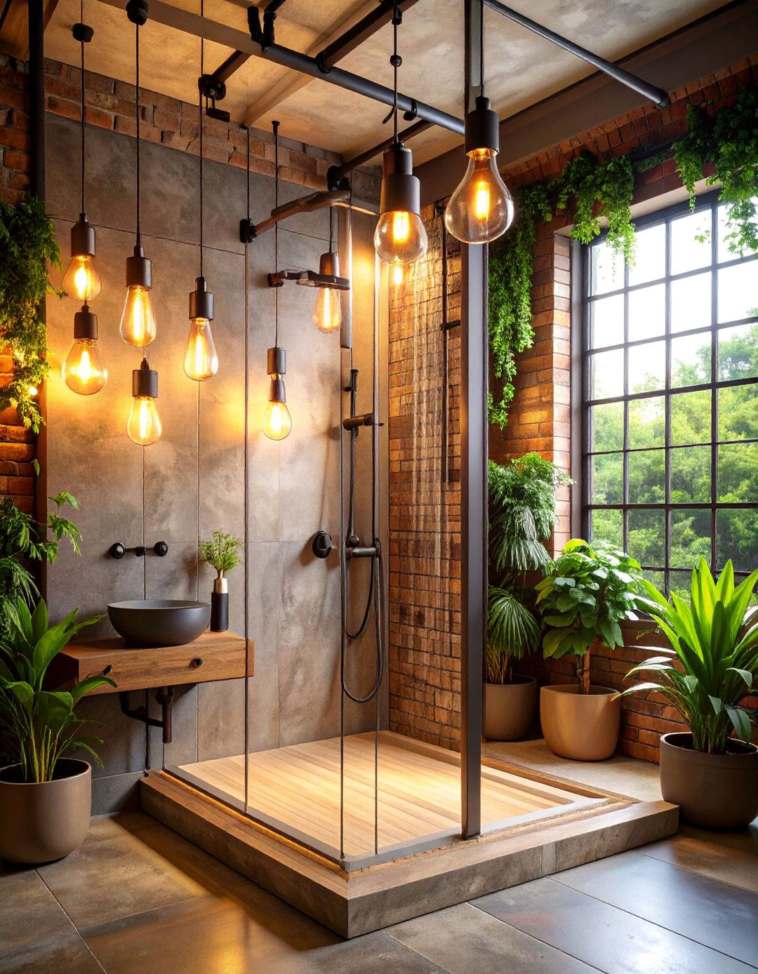 Industrial Pipe Shower with Edison Bulb Fixtures - 25 Bathroom Shower Ideas