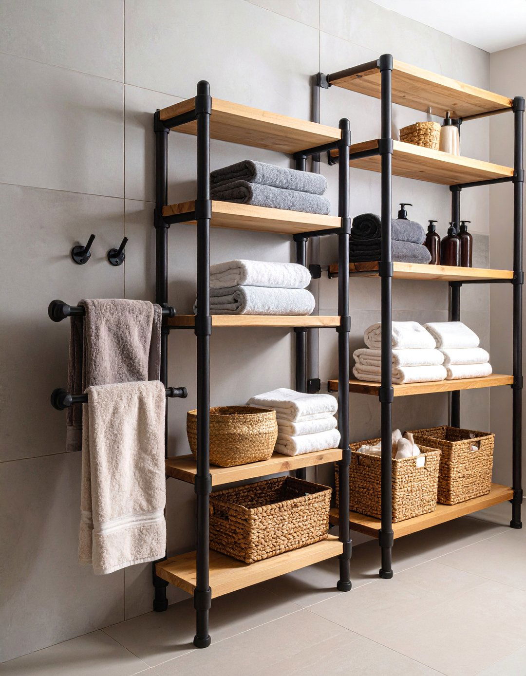 Industrial Pipe Towel Rack with Wooden Shelves - 25 Bathroom Wall Storage Ideas