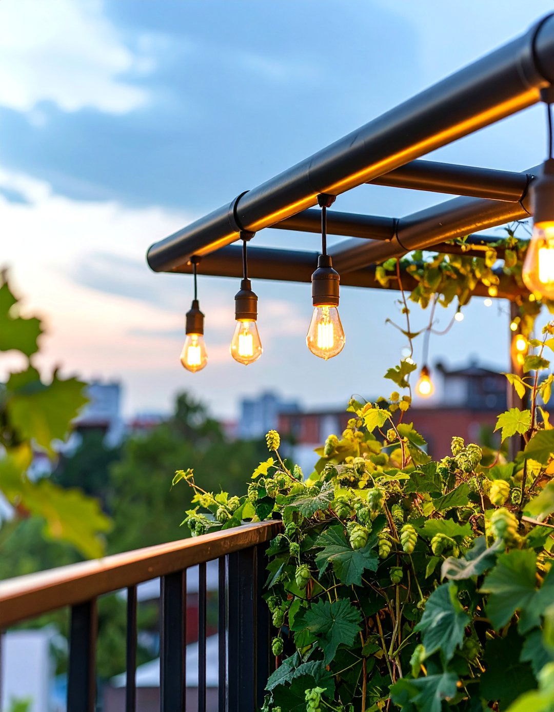 Industrial Pipe Trellis with Edison String Lights - 25 Balcony Trellis Ideas