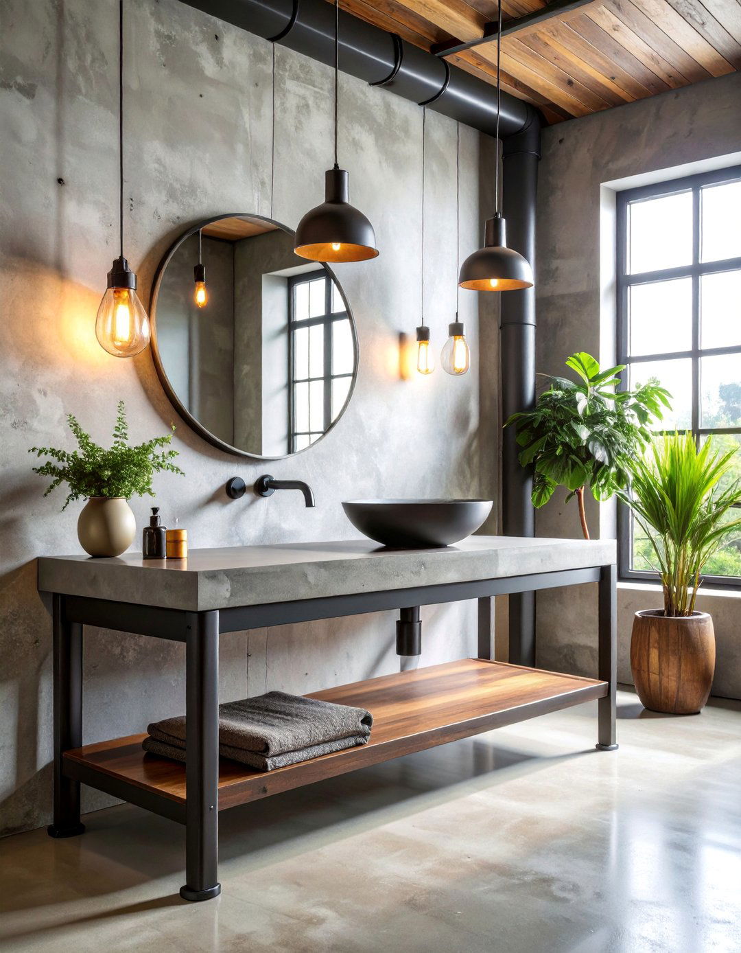 Industrial Pipe Vanity with Concrete Top - 25 Small Bathroom Vanity Ideas