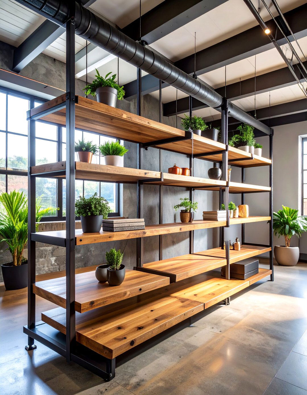 Industrial Pipe and Wood Floating Shelves with Metal Framework - 25 Floating Shelves Ideas