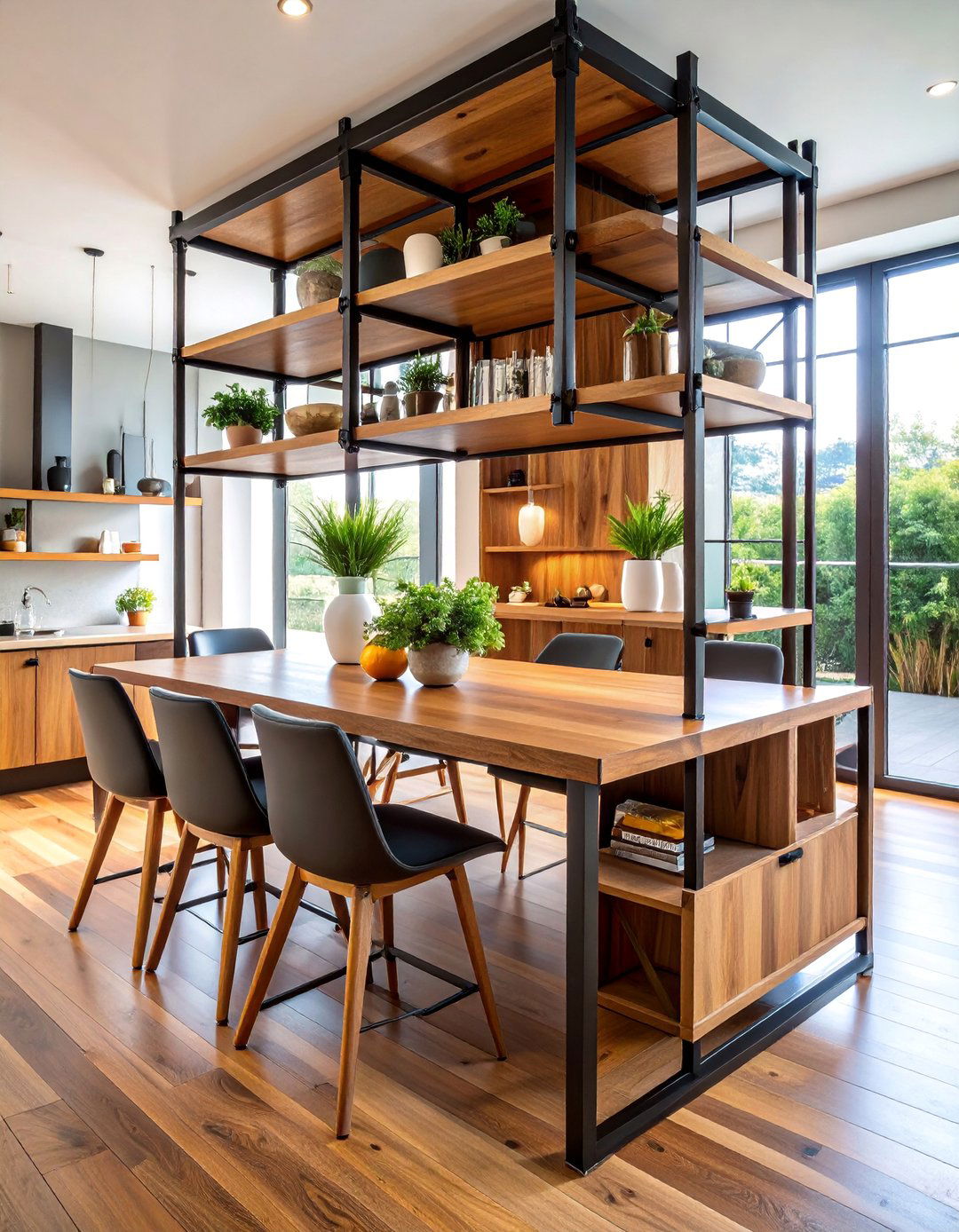 Industrial Pipe and Wood Hutch with Open Shelving - 25 Dining Room Hutch Ideas