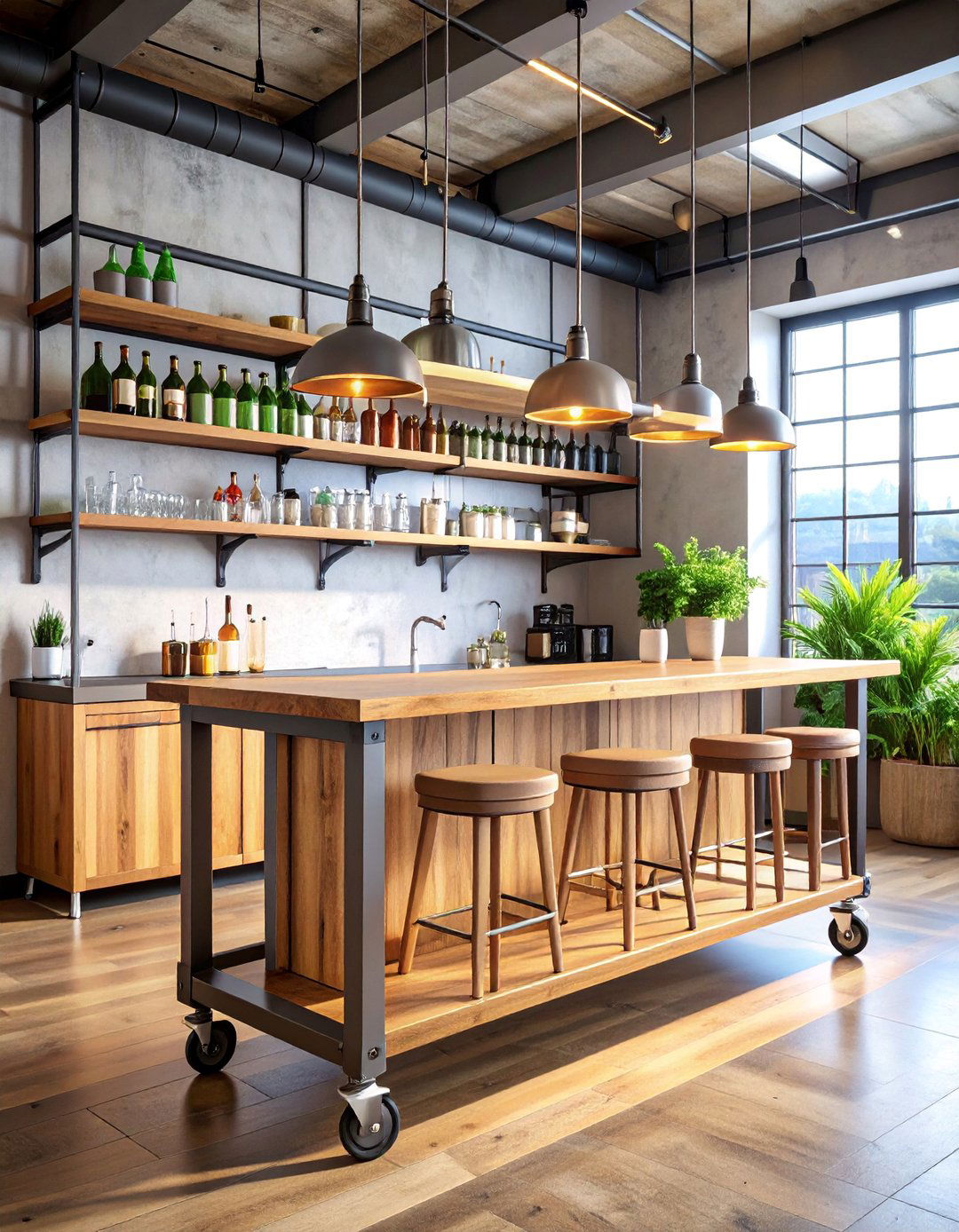 Industrial Pipe and Wood Mobile Bar Cart - 25 Mini Bar Ideas