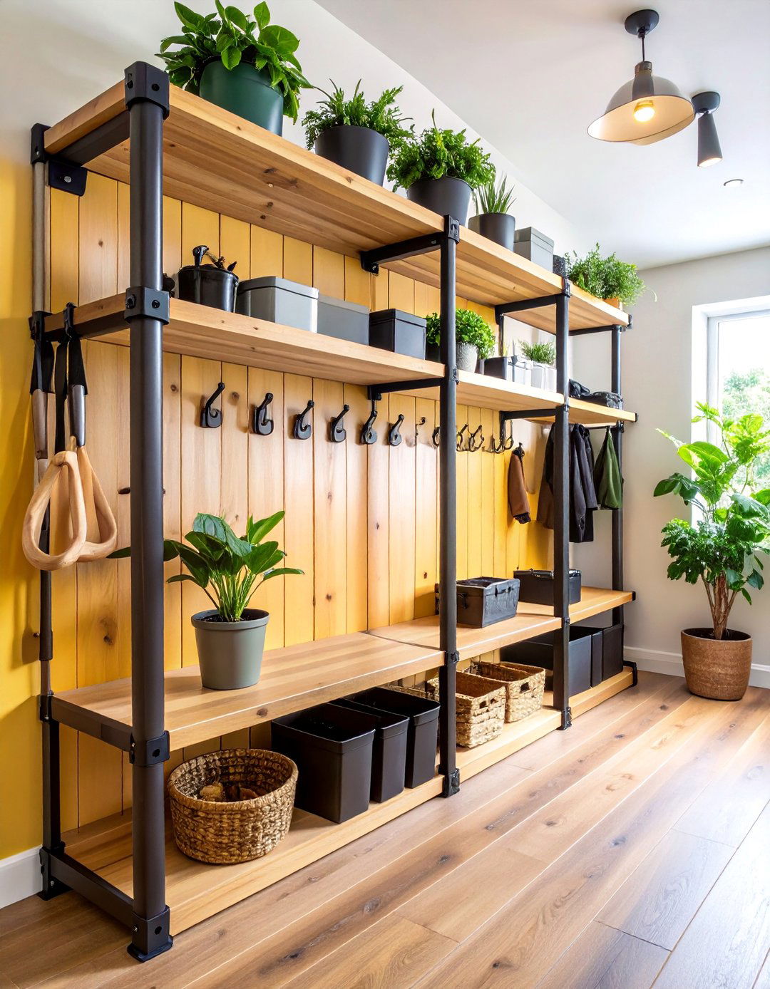 Industrial Pipe and Wood Shelving - 25 Mudroom Storage Ideas