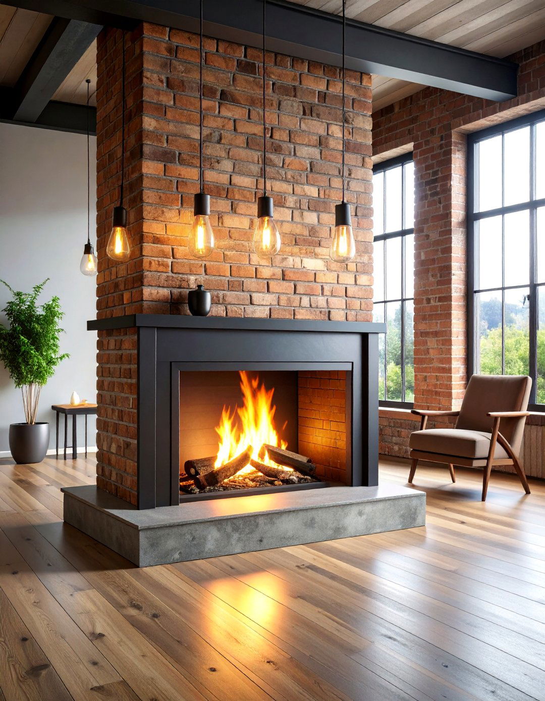 Industrial Rustic Brick Fireplace with Steel Accents - 25 Rustic Brick Fireplace Ideas
