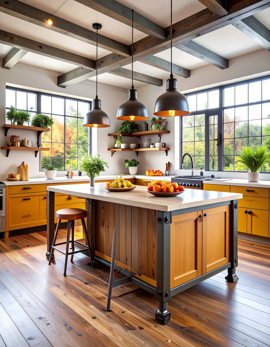 Industrial Rustic Island with Metal Pipe Framework - 25 Rustic Kitchen Island Ideas