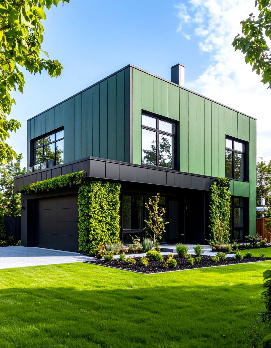 Industrial Sage Green House with Black Steel Accents - 25 Sage Green House With Black Trim Ideas