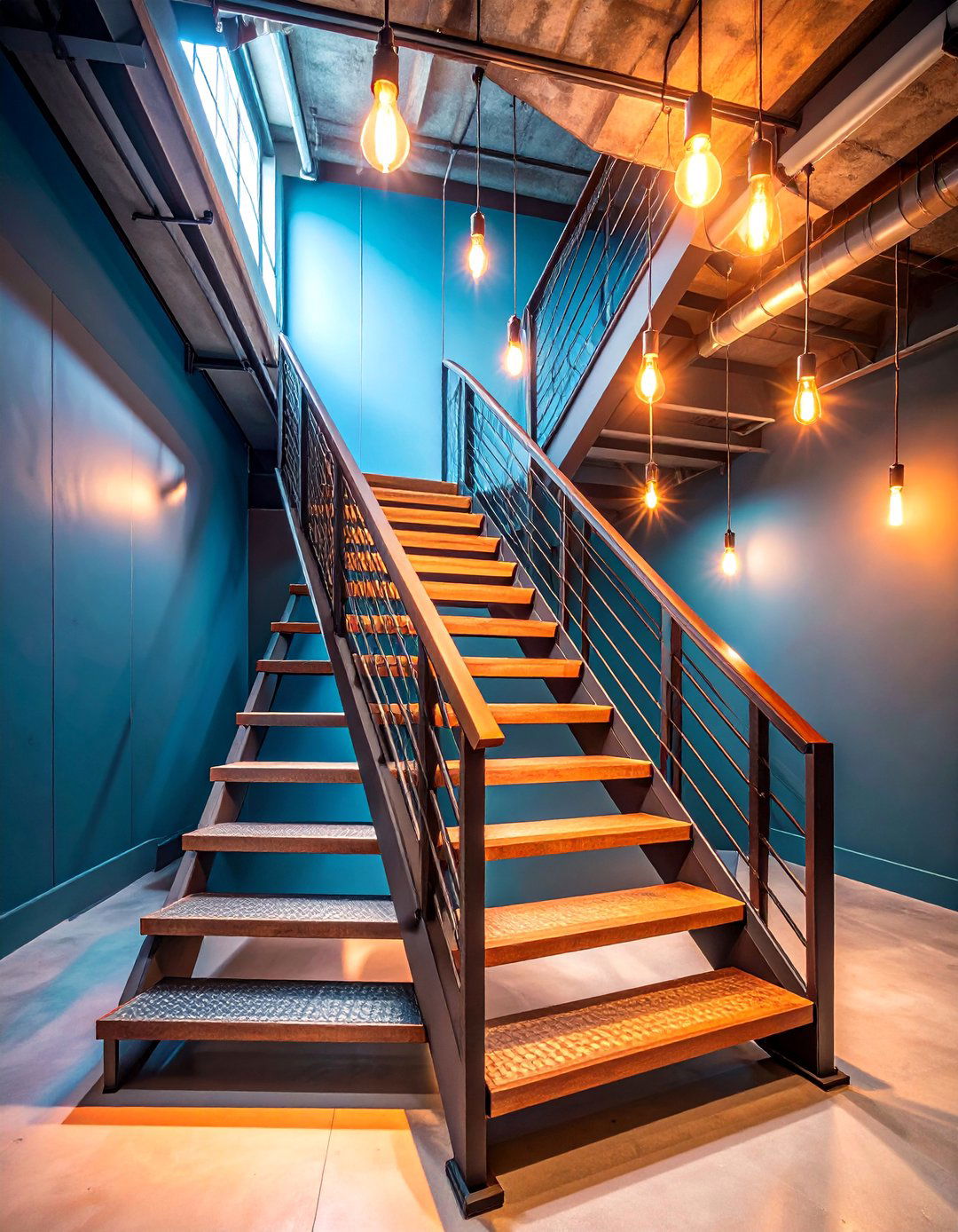 Industrial Staircase Lighting with Exposed Fixtures - 25 Staircase Lighting Ideas