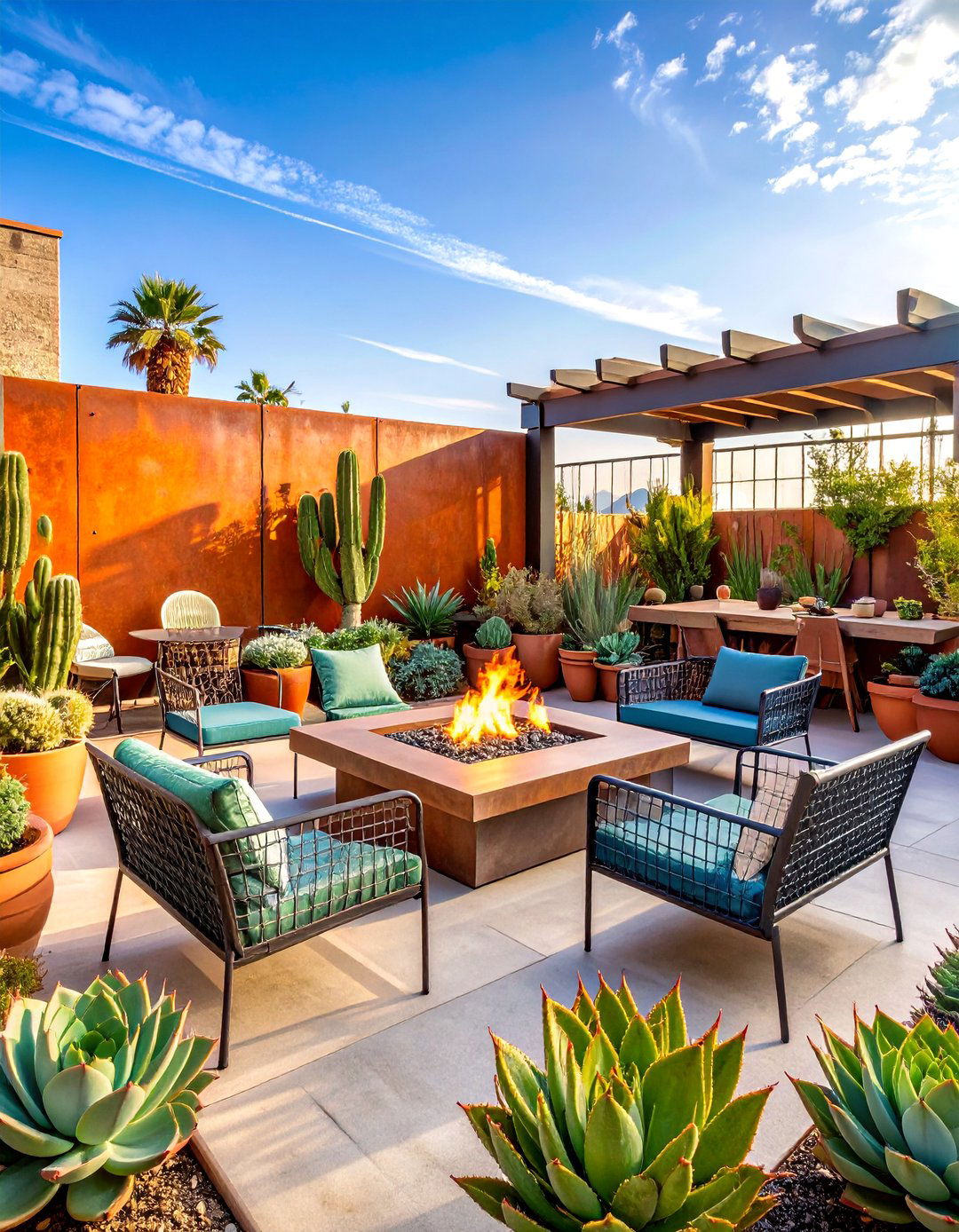 Industrial Steel and Concrete Fire Pit with Metal Mesh Seating - 25 Sunken Fire Pit Ideas