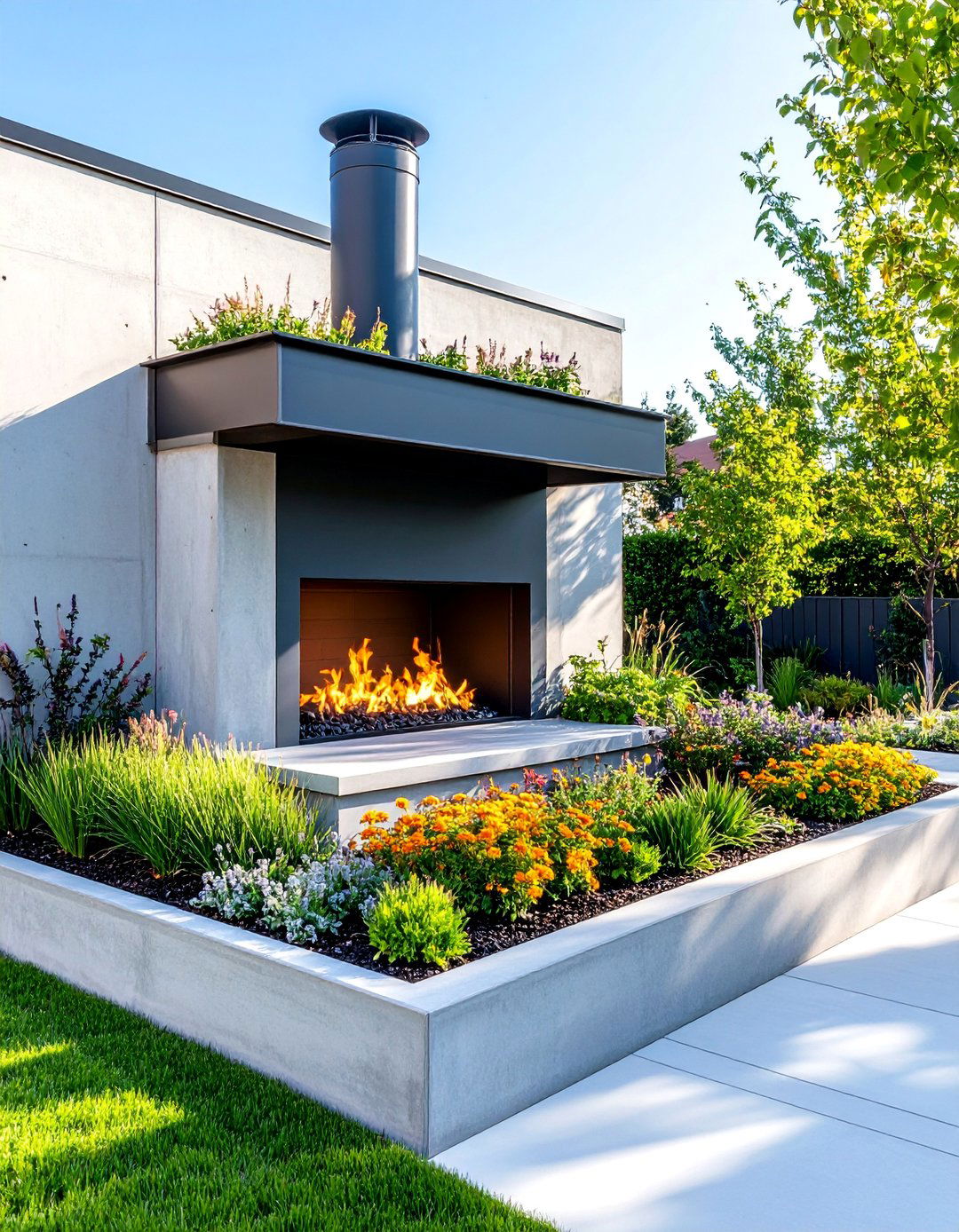 Industrial Style Corner Fireplace with Steel and Concrete - 25 Outdoor Corner Fireplace Ideas