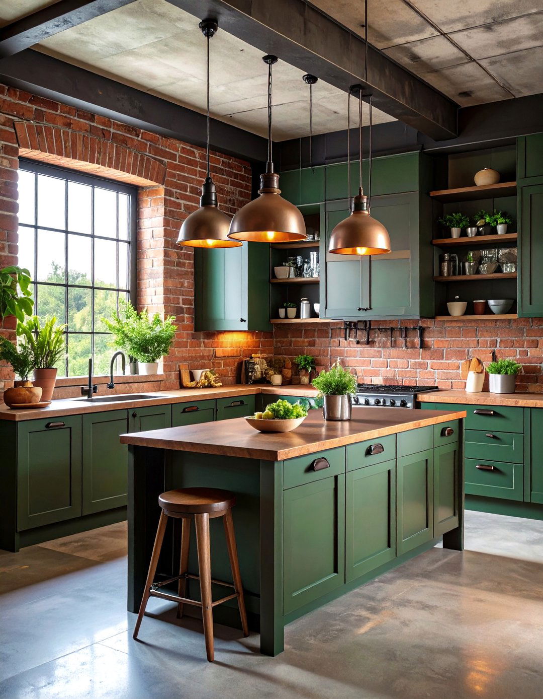 Industrial Style Green Cabinets with Brown Metal Countertops - 25 Green and Brown Kitchen Ideas